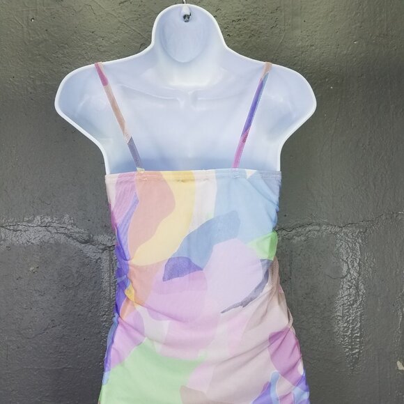 Nasty Gal Bodycon Dress 2 XS Mini Mesh Abstract Pastel Print Strappy Stretch NEW - Picture 8 of 16